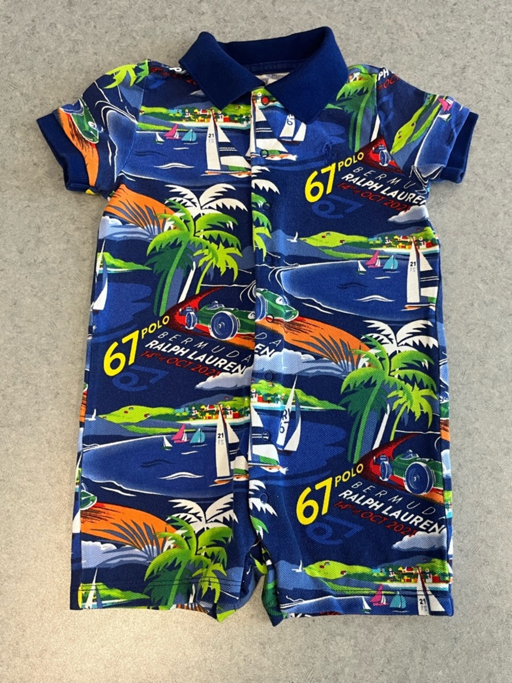 Polo Ralph Lauren Navy Tropical Print Baby Romper—18 Months